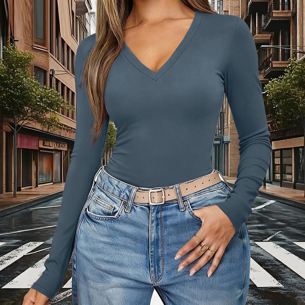 Women's Color V,Neck Slim,Fit Long,Sleeve Top
