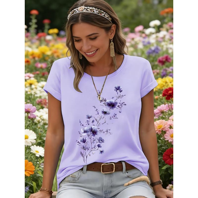 

Purple Floral Branch Women s Tee - Delicate Watercolor Flower Graphic, Casual Light Purple Top S