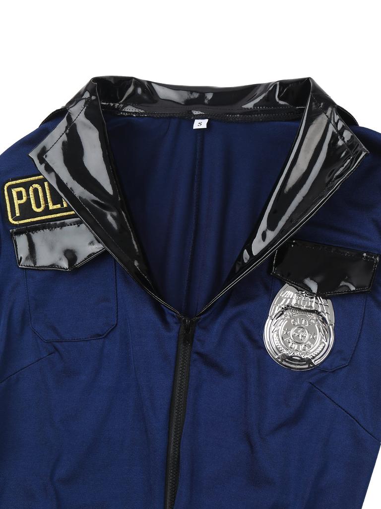 Mens Halloween Police Cosplay Costume Front Zipper Jumpsuit Complete Hat Belt Manacles Badge Seven Piece Cop Set