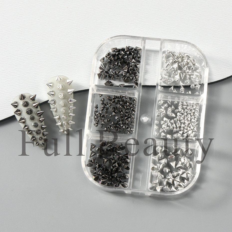 Nail Art Jewelry 6-Grid Boxed Black Silver Rivet Punk Bullet Nail Art Jewelry