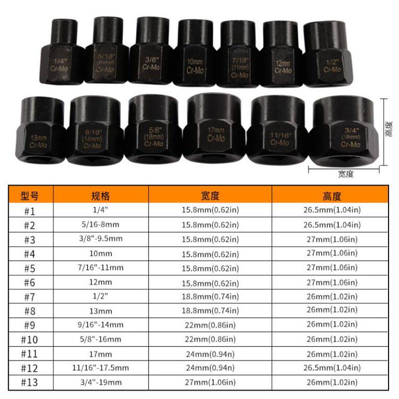 Damaged Nut Extractor Bolt Screw Tire Slip Tooth Screw Hexagonal Dismantling Sleeve Extension Tool Set