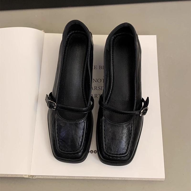 2025 new Retro Women's Pumps Soft Leather Square Head Belt Buckle Shallow Thick High Heeled Mary Jane Shoe Brown/Black