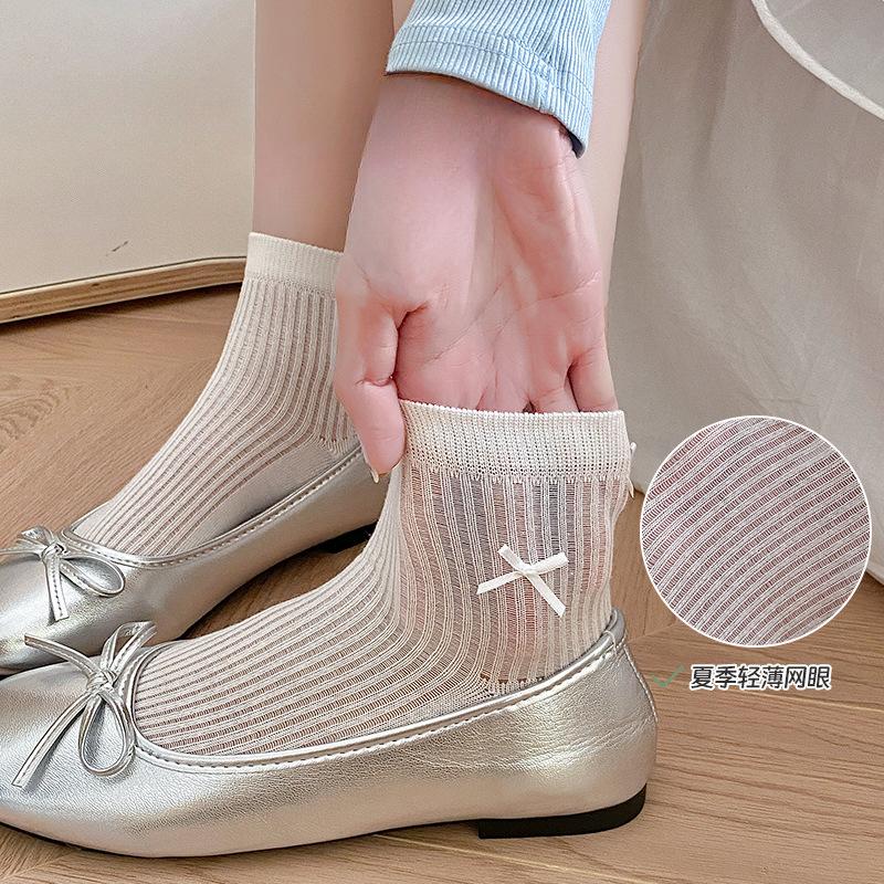Bowknot Socks for Women In Summer, Ultra-thin and Cute, Paired with Small Leather Shoes, Ballet-style Lace-up Summer Short Socks