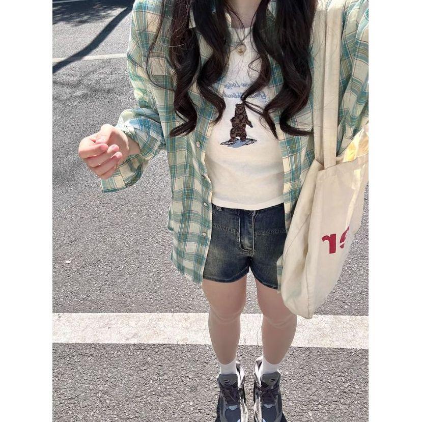 Korean Style Women's Plaid Blouse - Spring/Summer Casual Loose Fit with Sun Protection