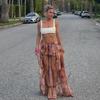 European Style 2024 Floral Print Irregular Maxi Skirt with Double-Layer Ruffles
