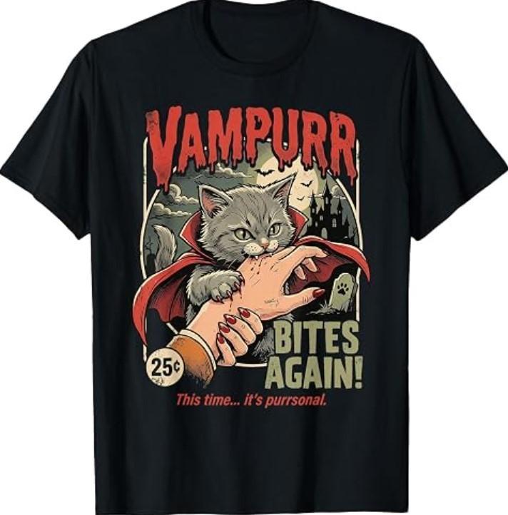 Vampurr Bites Again! Funny Cat Halloween Vintage Graphic T-Shirt2