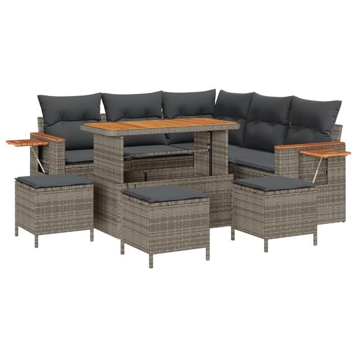 Set de Canapé de Jardin 9 Pièces avec Coussins Gris Poly Rattan Acacia, Ensemble de Salle à Manger 4 Pièces de Jardin 3363183