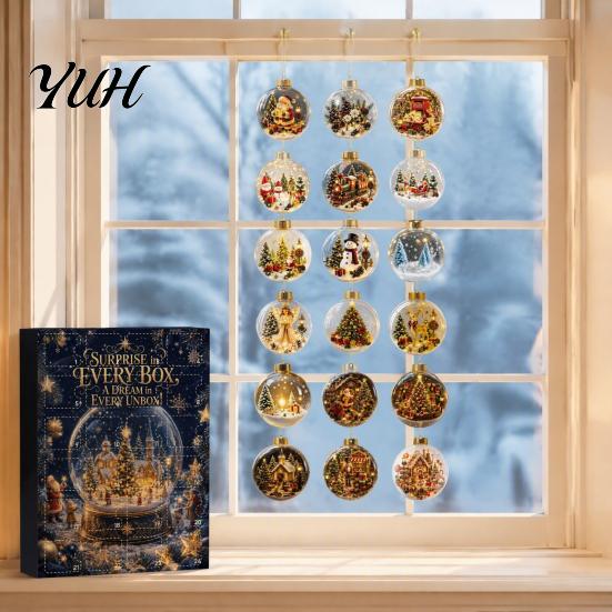 24 Day Advent Gift Christmas Calendar, Acrylic 2D Flat Crystal Ball Pendants with Lanyard, Xmas Tree Hanging Ornaments Ornament for Home Office Party