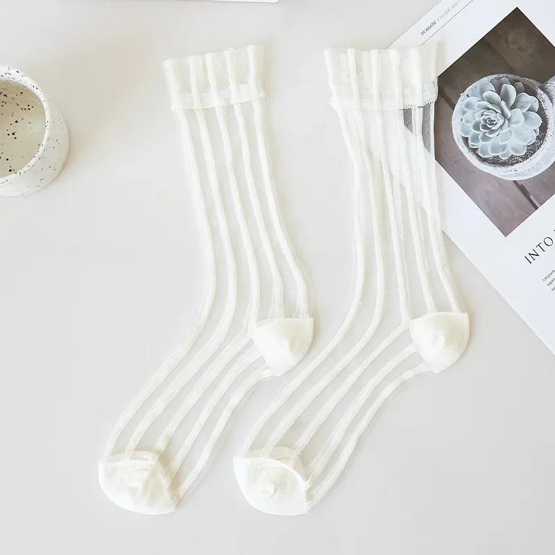 Summer Ultra-thin Women Socks Transparent Crystal Silk Socks Korean Fashion Striped Harajuku Streetwear Nylon Loose Long Socks
