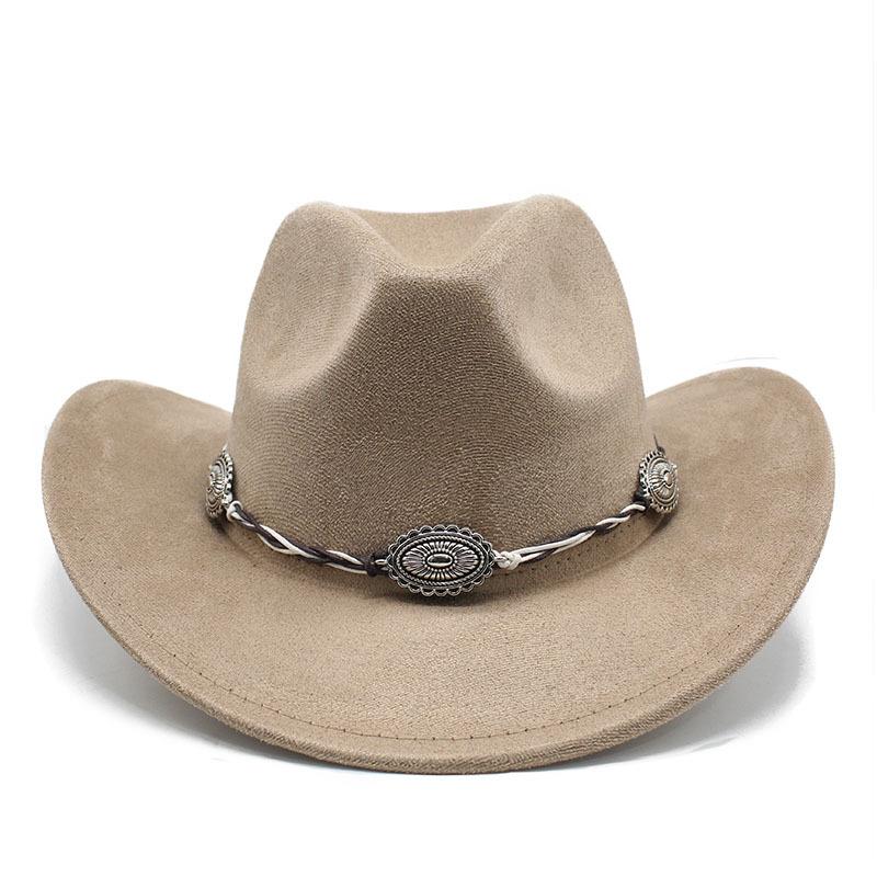 Semišový Upturned Edge Western Cowboy Klobouk Muži a ženy Outdoorový cestovní klobouk Rolled Brim Etnický styl Cylindr Plstěný klobouk