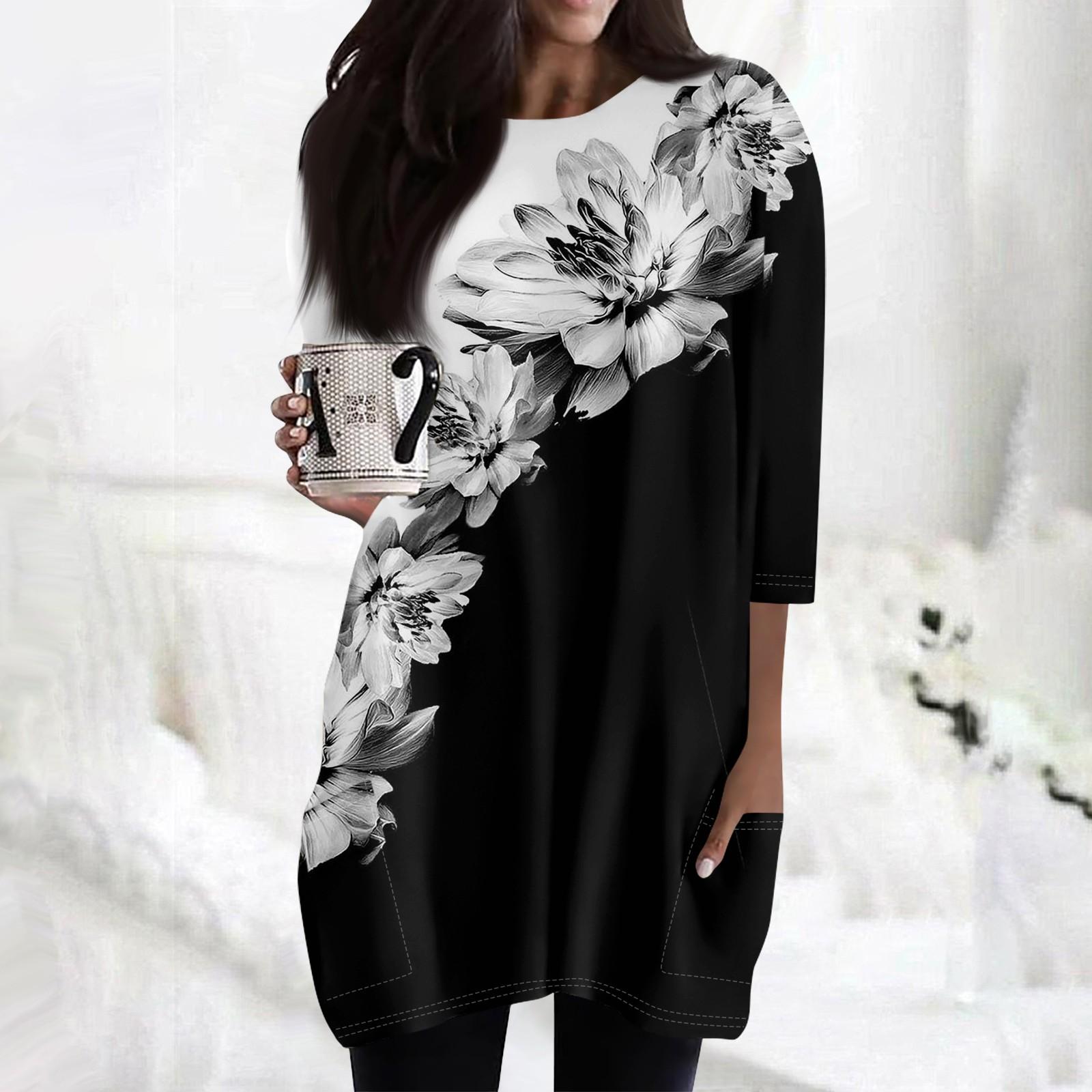 

Женские повседневные рубашки с рукавами 3/4, модные туники с принтом, топы с карманами L чёрный