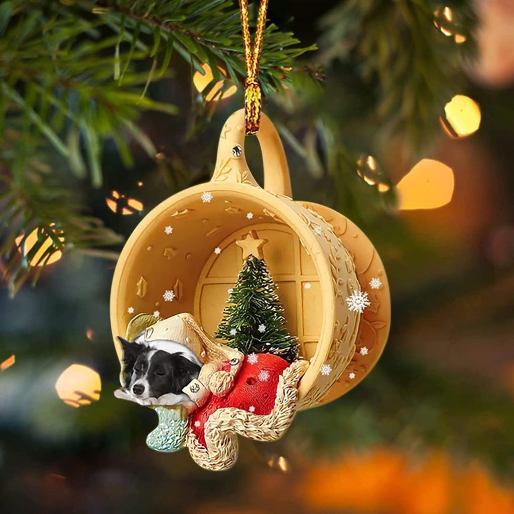 1Pcs Christmas Cartoon Dachshund Dog Ornament Cup Acrylic Pendant Christmas Tree Hanging Decoration Car Interior Decor