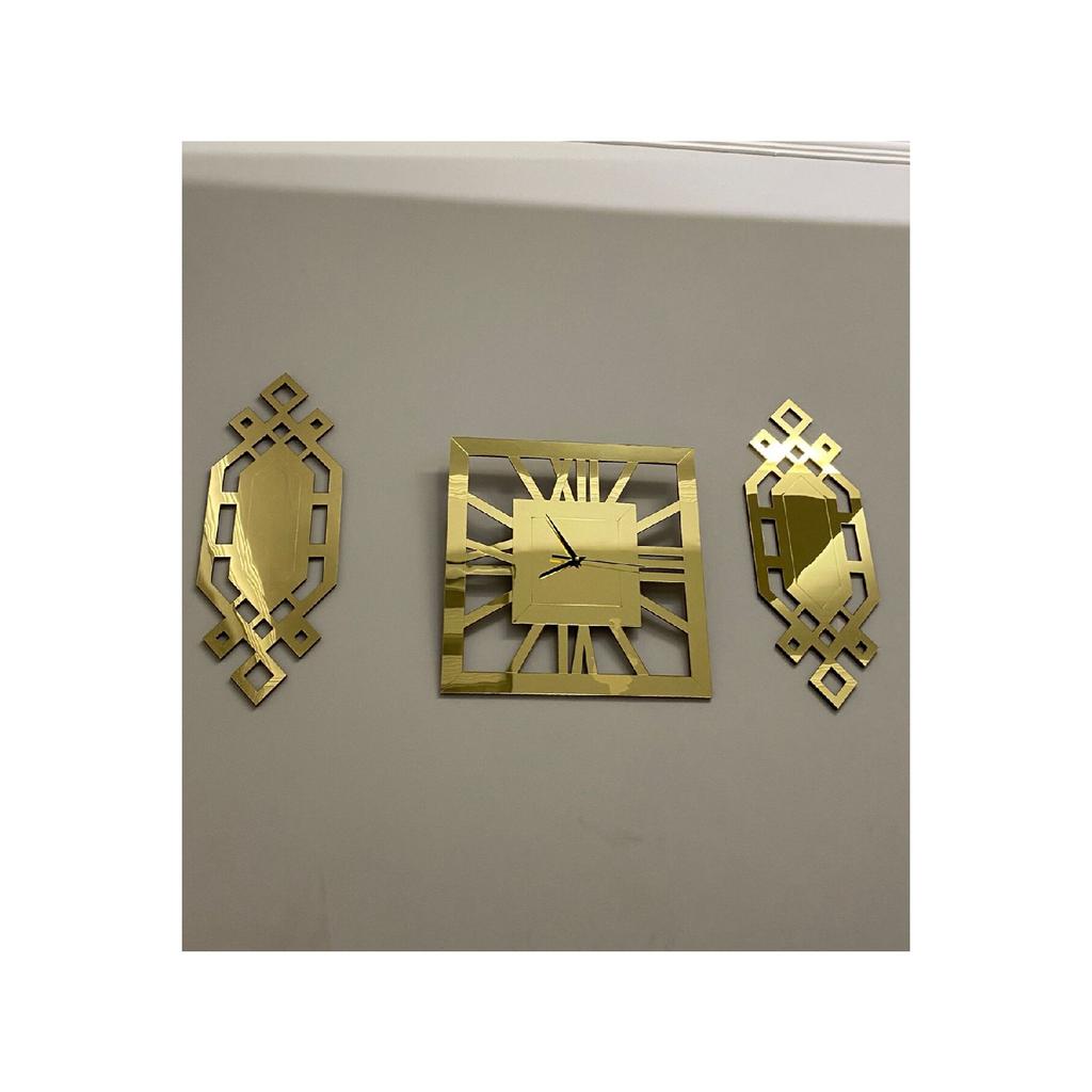 Set Ceas de Perete Elegant 3 Piese Patrat Aur 60 Cm Ceas Decorativ Numere Romane 30 X 70 Cm Picturi Baklava