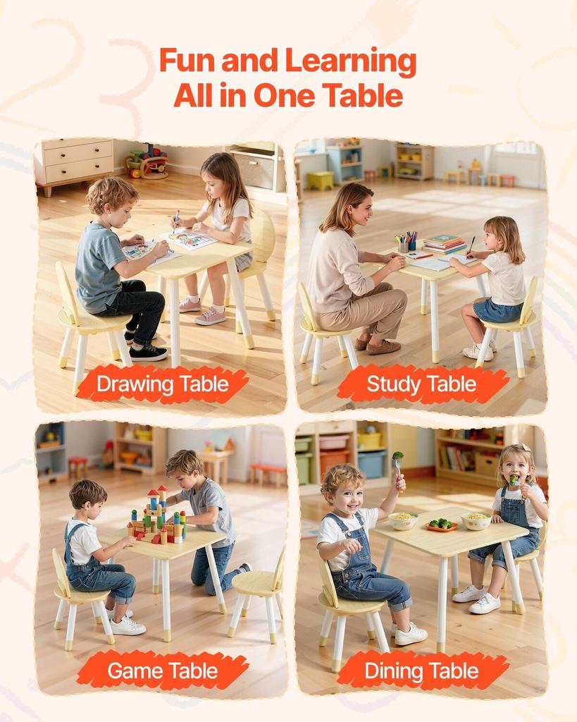 Kids Table and 2 Chairs Set, Toddler Table and Chair Set with Rounded Edge Design & Graffiti Desktop, Wooden Desk for Art, Craft, Reading, Learning,