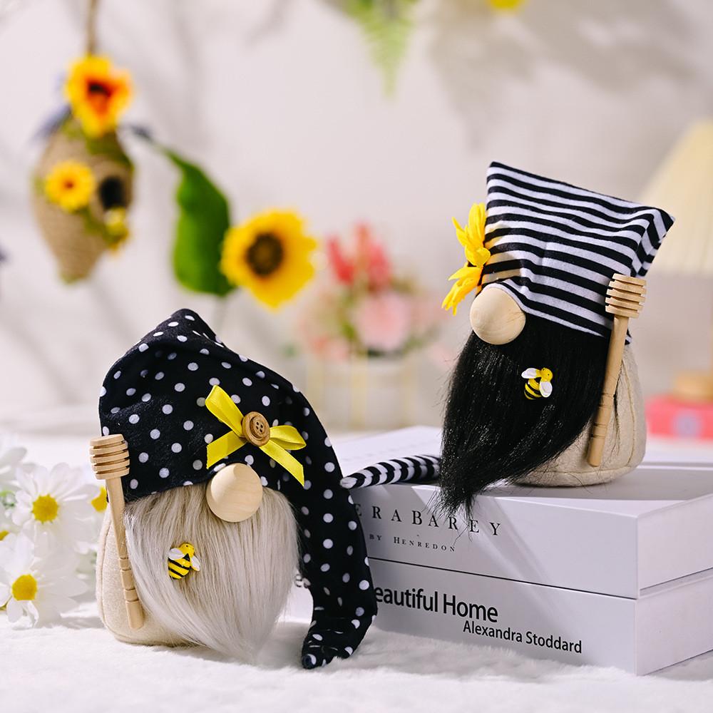 Delightful Bee Festival No Face Doll Figurine With Cheerful Daisy And Sunflower Prints