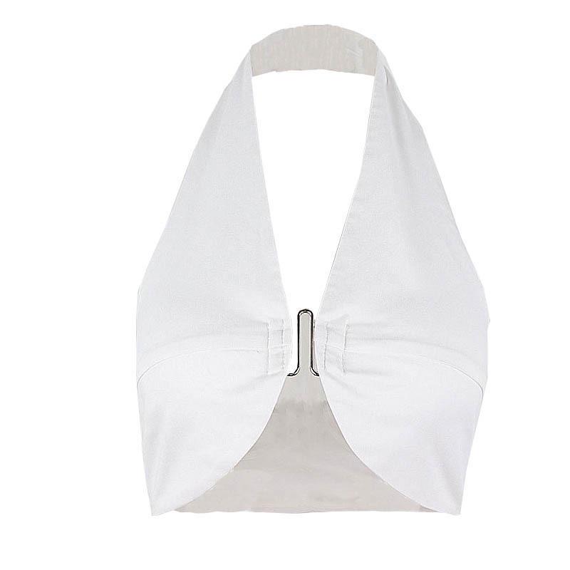 2024 European & American Autumn Women s Sexy V-neck Backless Halter Vest with Hook Closure Small белый