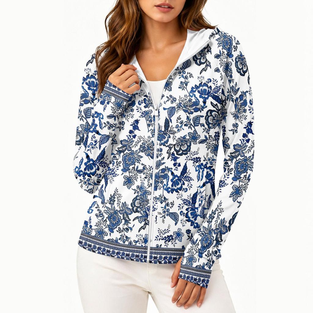 Sudadera con capucha ligera para mujer con cremallera, bolsillos, manga larga, estampado floral, chaqueta con protección solar, prenda exterior informal