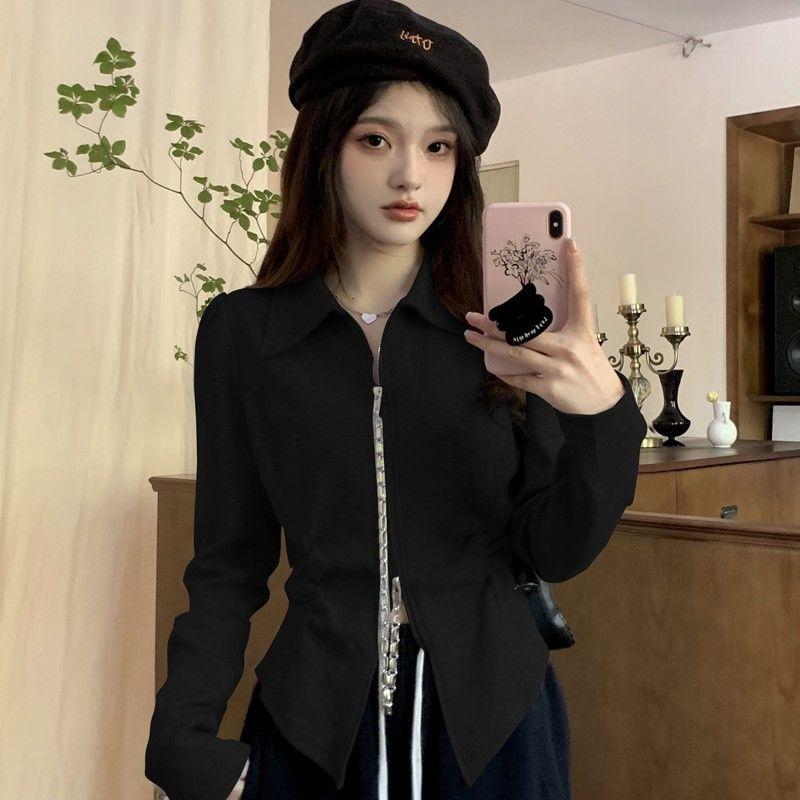 POLO Neck Pleated Slim Top Women's French Solid Casual Irregular Tops Vintage Harajuku Korean Y2k Top Spring and Summer