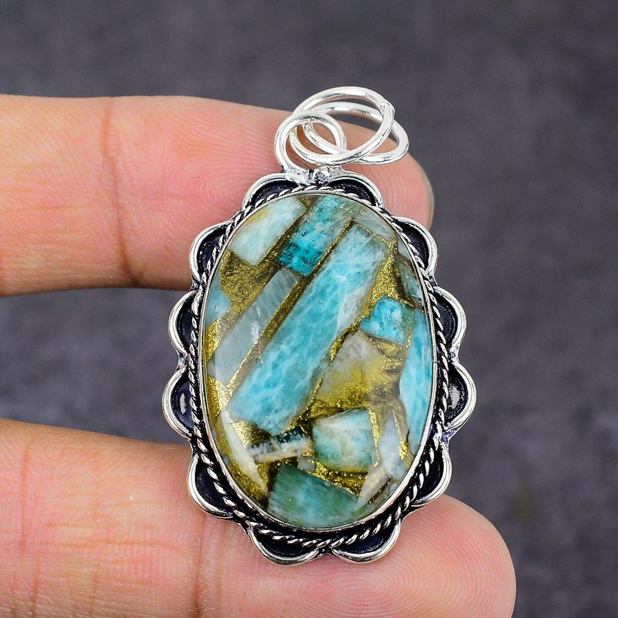 Natürlicher Kupfer-Amazonit-Edelstein, 925er Sterlingsilber, Schmuckanhänger, 5,5 cm, q1w62