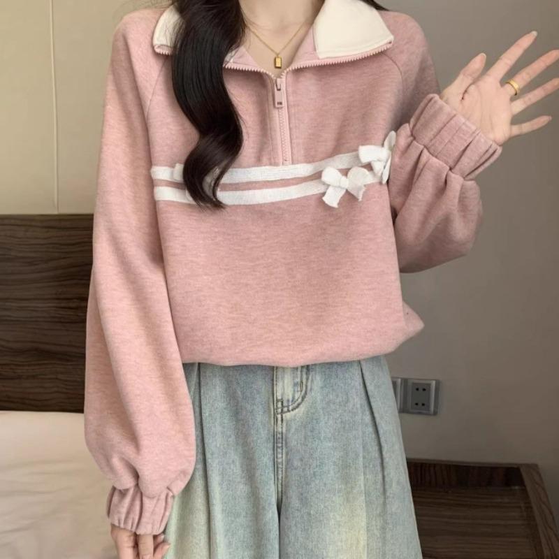 Pink Half Zip Ladies Hoodless Hoodie Loose Turndown Collar Bow Patchwork Design Women's Sweatshirt Autumn Trendy Fashionable Casual Famale Pullovers