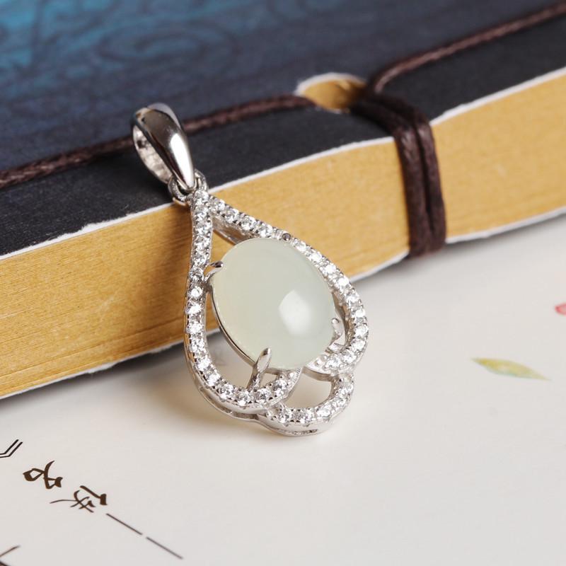 

Кулон из серебра 925 пробы с нефритом Хэтянь, с сертификатом - Модное колье с белым нефритовым кабошоном для женщин 925 Silver