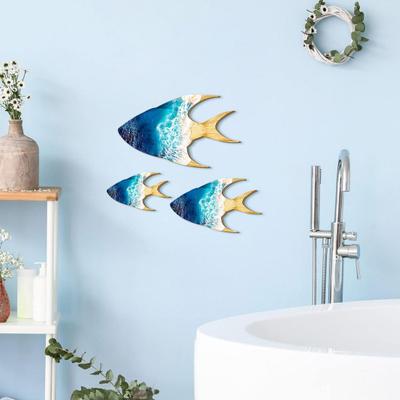 3 Pièces/Ensemble Décoration Murale en Bois Poisson Banc de Poissons Plage Maison de Lac Salle de Bain Art Mural Thème Nautique Côtier Océan Ornement Suspendu