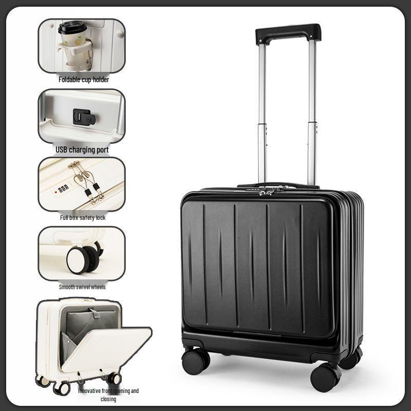 20-inch front-opening trolley case with PC material and password lock.