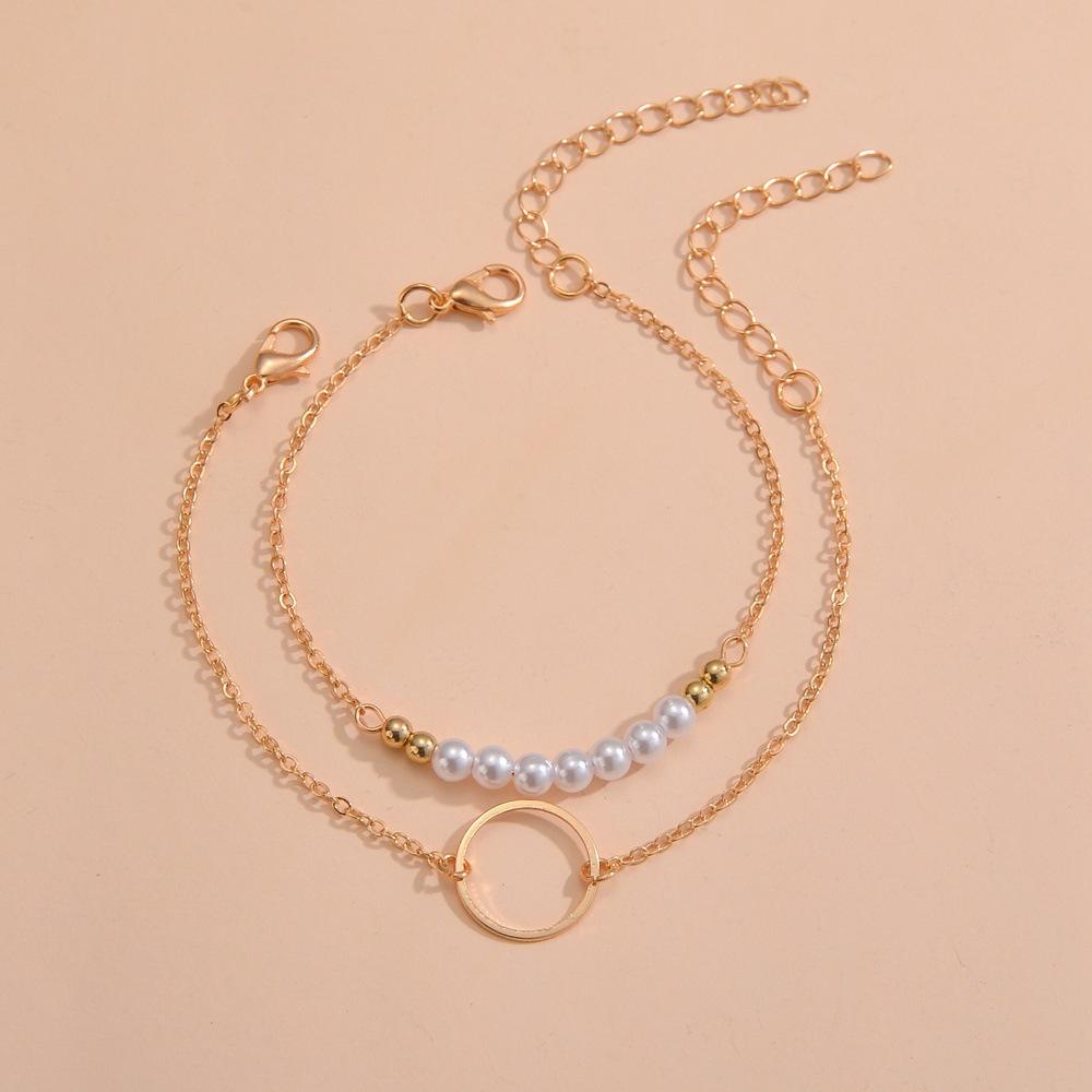 Geometrischer Ring Perlenbesetztes Doppeltes Metall Damen Armband Set