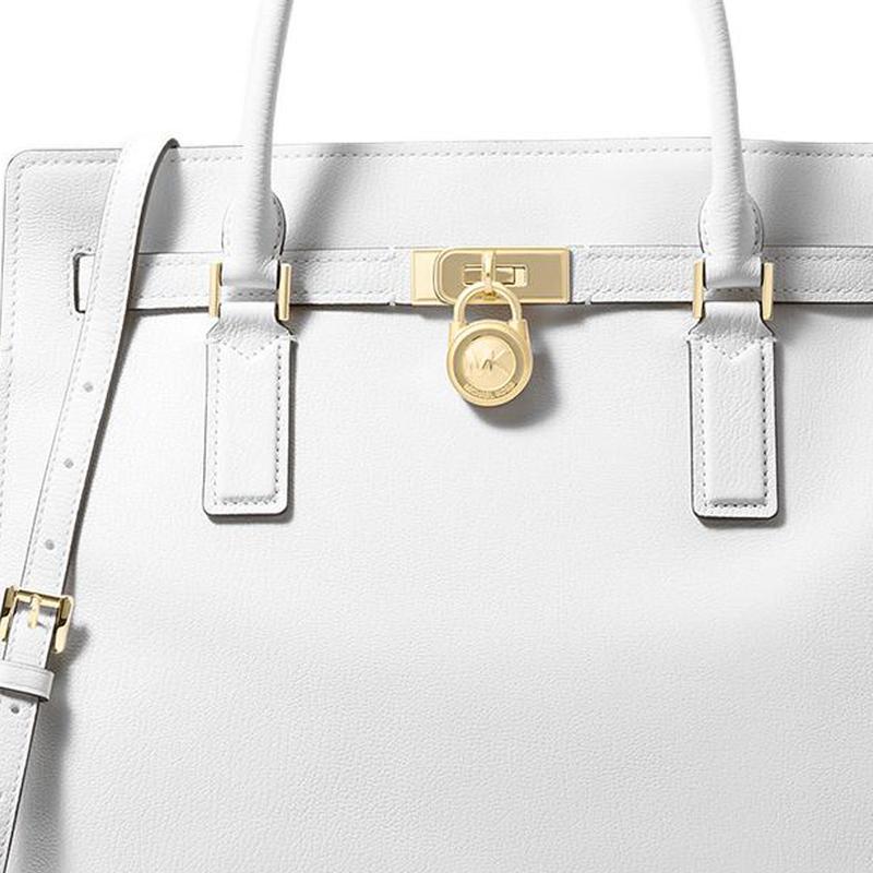 MICHAEL KORS Hamilton Moderne Metal Logo Charm Shoulder Strap Adjustable and Removable Leather Crossbody Handbag Large Women's White