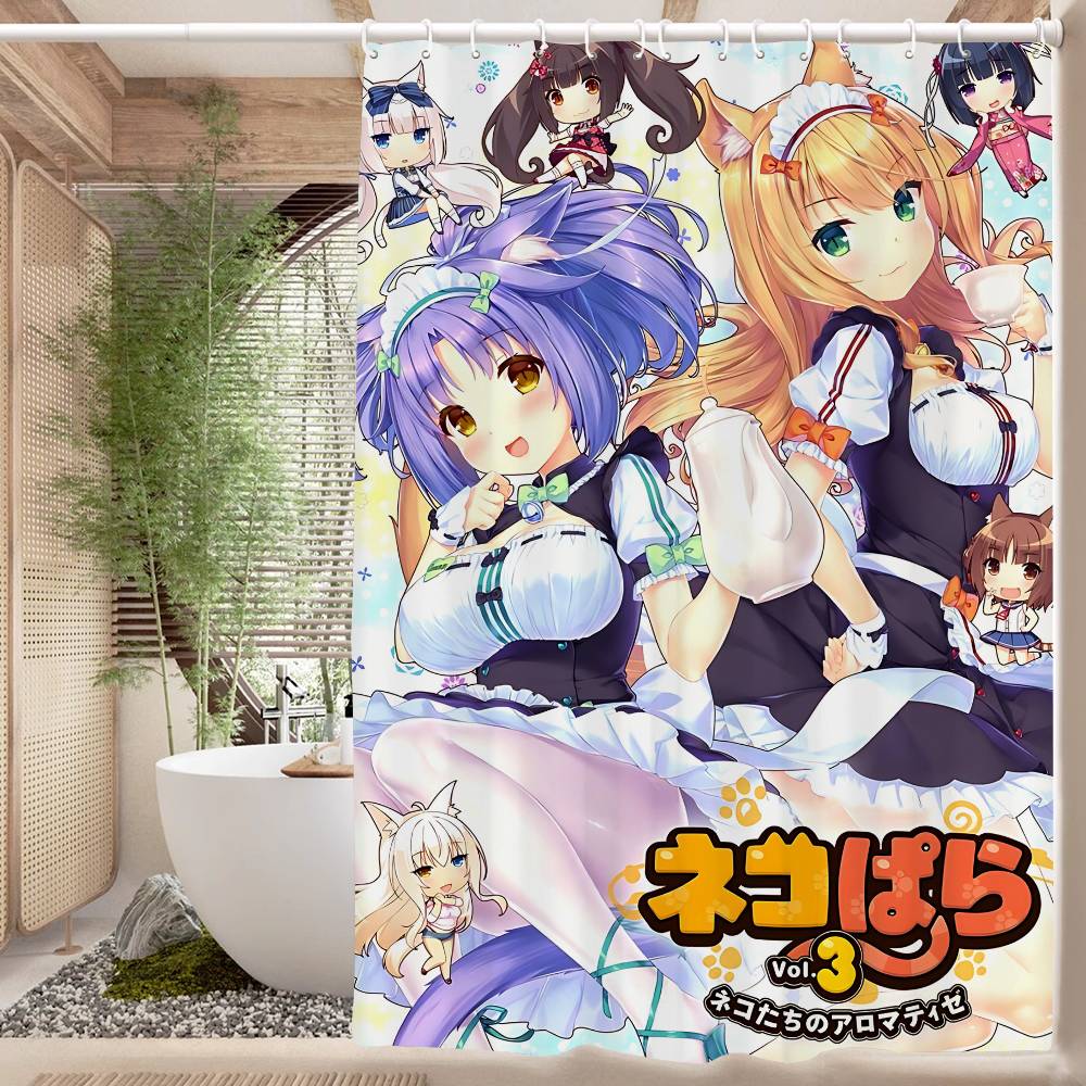 Nekopara Neko Anime Pattern Bathing Curtain Bathroom Shower Curtain Waterproof With 12 Hooks Home Deco