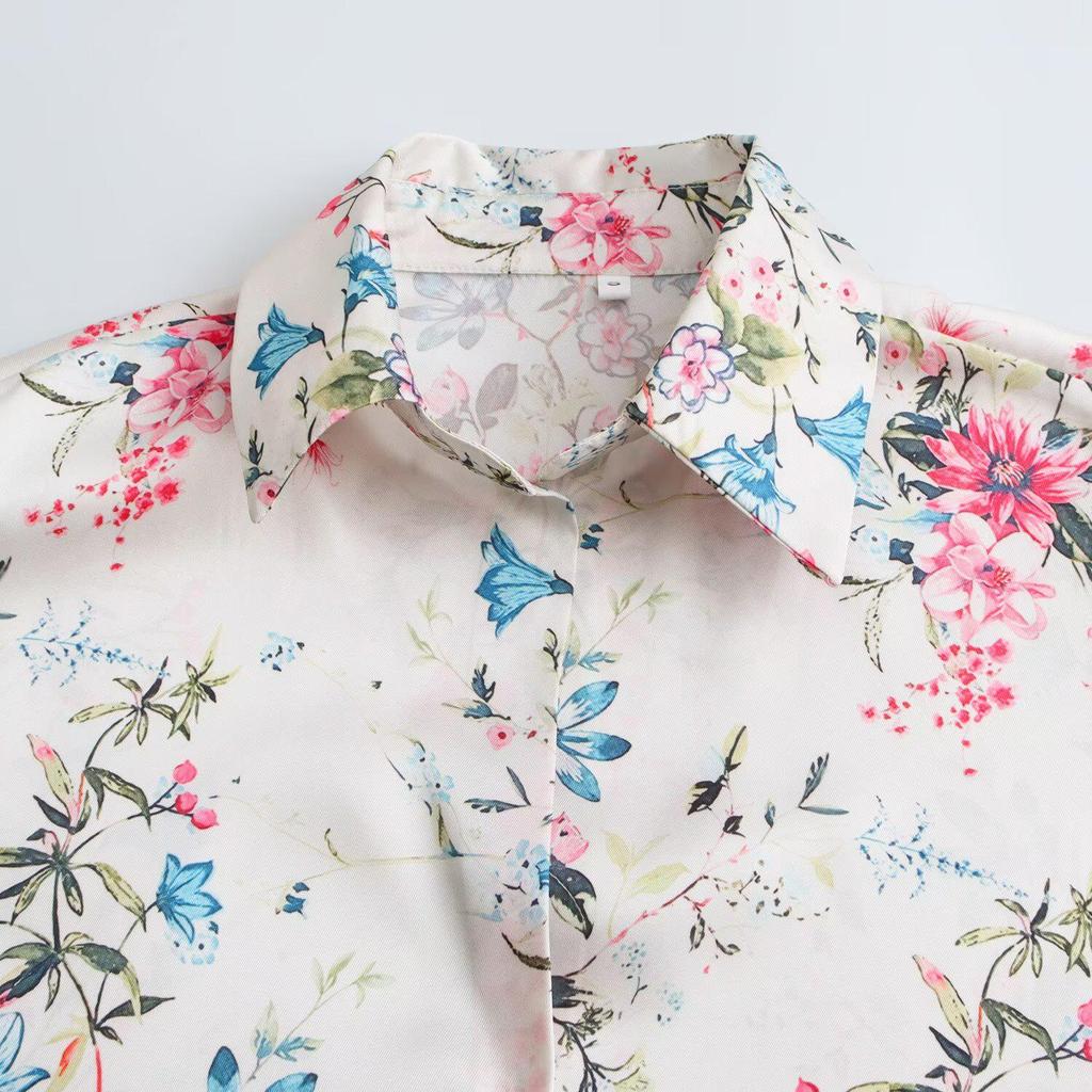 2025 Spring Women's Versatile Printed Silk Satin Lapel Shirt