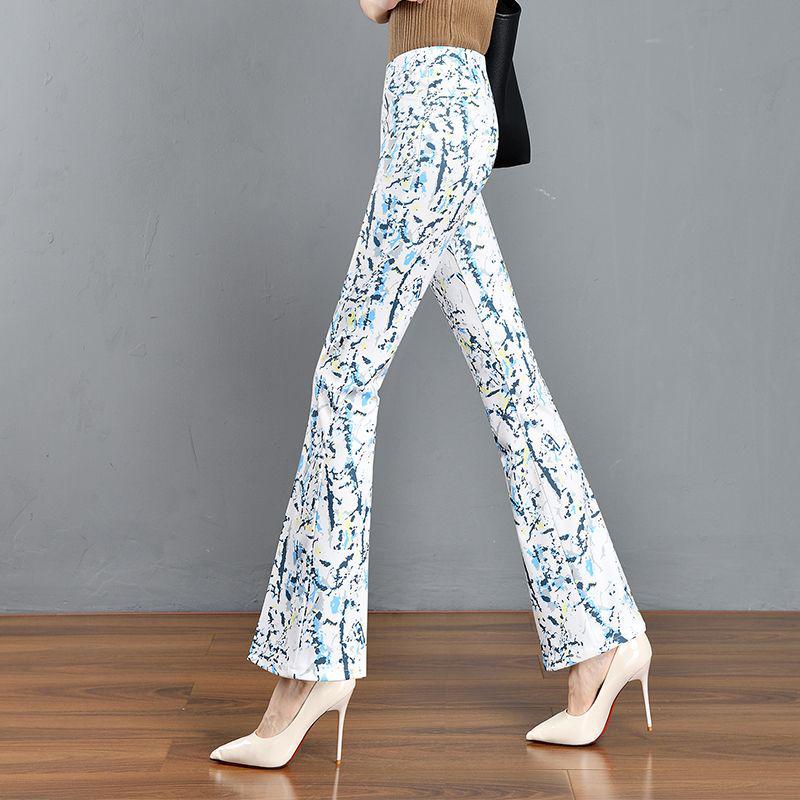 2024 Floral Plaid Elastic Waist Slimming Micro Flare Women's Pants