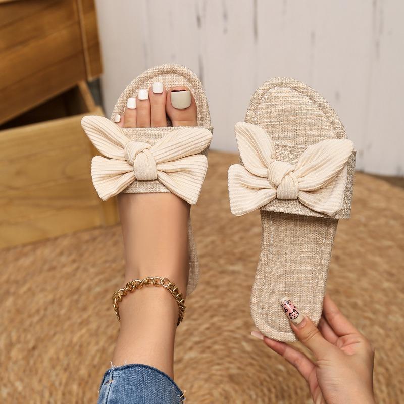 Summer New Bow One-word Solid Color Round Head Fashion Women's Large-size Bottom Slippers