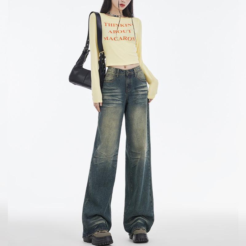 Women s High-Waisted Retro Jeans: Loose Fit, Slimming Straight Leg, Flowing Drape, Distressed Wide-Leg, Trendy Style. M