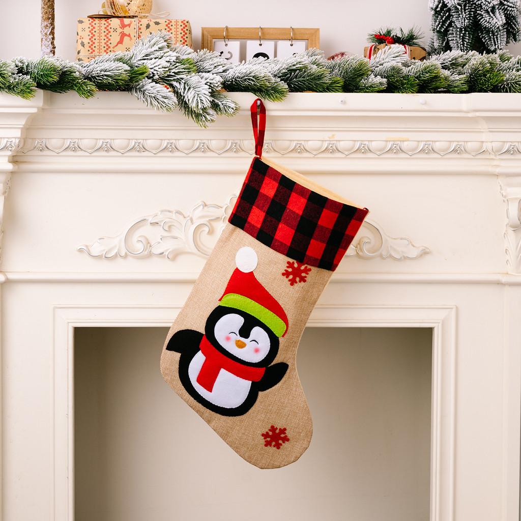 

Festive And Red Black Checkered Burlap Christmas Stockings With Santa Snowman Reindeer Penguin Sock