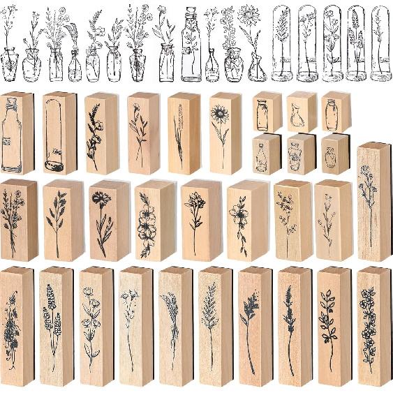 Marspark 31 Pieces Vintage Wooden Rubber Stamps Flower Plant Decorative Cute Wood Mounted Stamps Set for DIY Craft, Scrapbook, Journaling and Letters