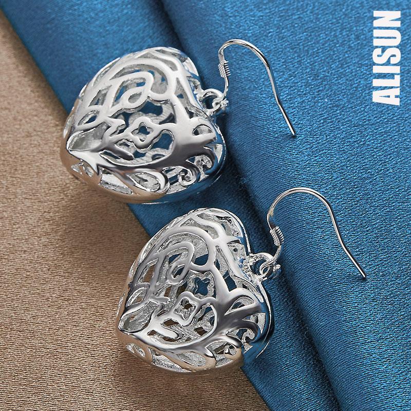 925 Srebrne kolczyki w kształcie serca z geometrycznym wzorem Hollow Piercing Modna biżuteria ślubna