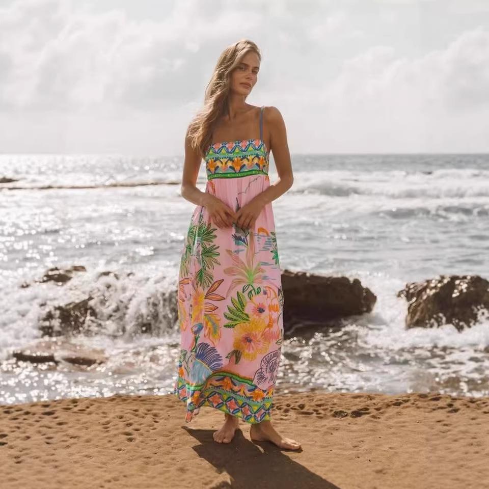 2026 European and American new dress, personalized printing seaside vacation style suspender long dress S