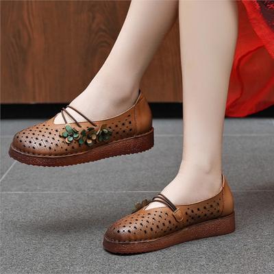 Sandales Plates Cuir Véritable Découpe Aéré Rétro Semelle Souple Chaussures pour Femmes