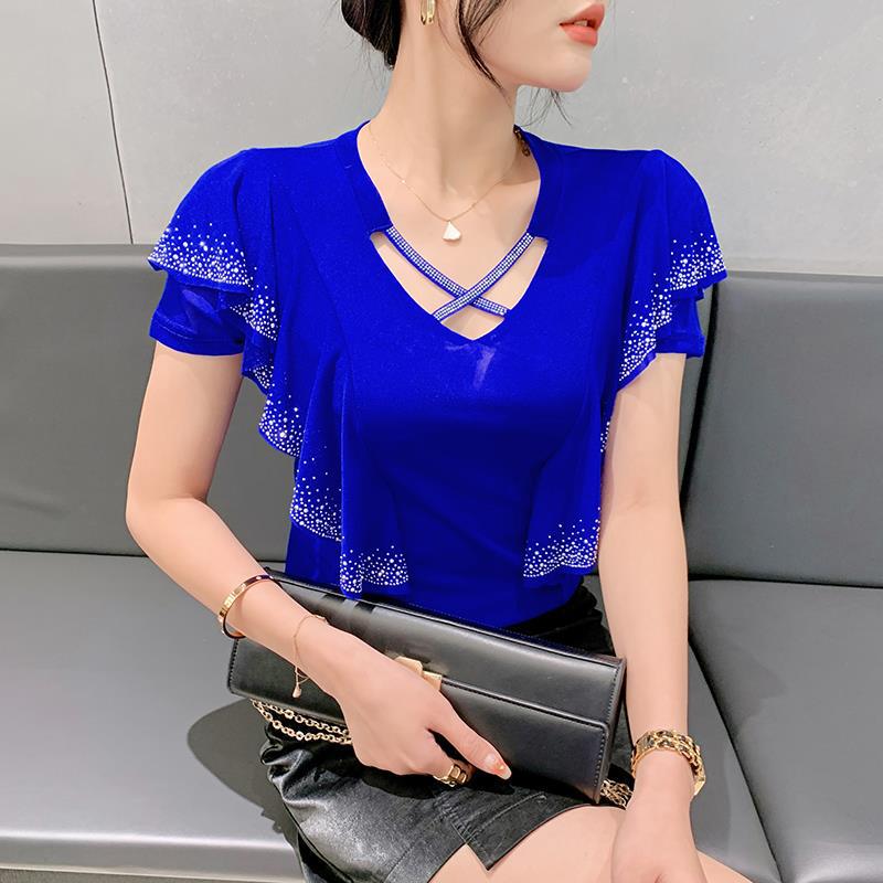 

Весна 2025 Мода Сетка Ажурный Волан Длинный Рукав Женский Топ 3XL синий