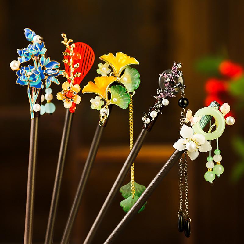 1Pc Updo Fresh Wood Ancient Headwear Flower Hairpin New Chinese Style Tassel Tassel Hairpin