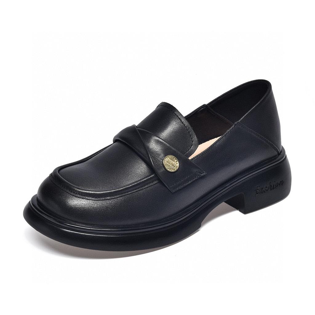 Round Head Female Spring First Layer Cowhide Metal Buckle Shallow Mouth Single Shoes Small Leather Shoes College Style Female Flat Shoes