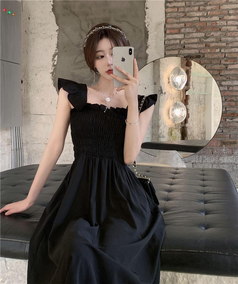 French Temperament Small Flying Sleeves Pleated Waist Dress Summer New Hepburn Style Square Neck Suspender Medium and Long Dress