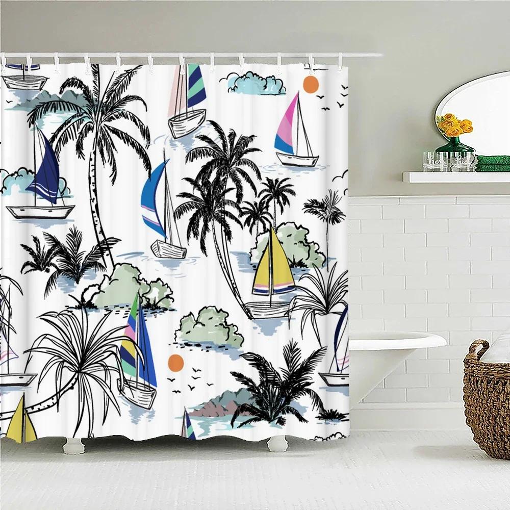 Sunlight Beach Waterproof Fabric Shower Curtains 3D Printing Palm Tree Bath Curtain For Bathroom Bathtub Decoration With Hooks