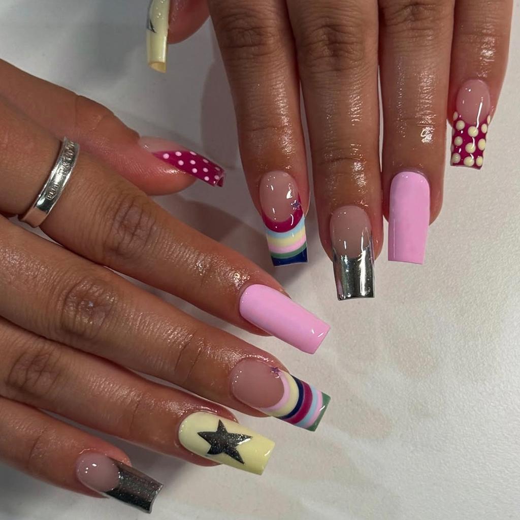 24PCS Medium Square Stick on False Nails Cute Cartoon Apple Patterns with Stripes Grid French Fake Nails for Women Wearable Nail