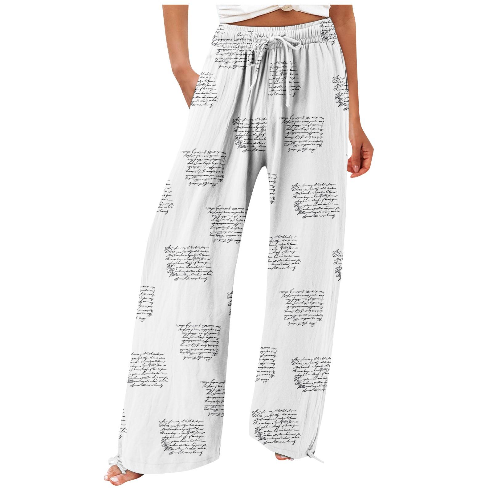 

Брюки для женщин. Летние струящиеся брюки с высокой талией и широкими штанинами с принтом. Повседневные брюки. L белый