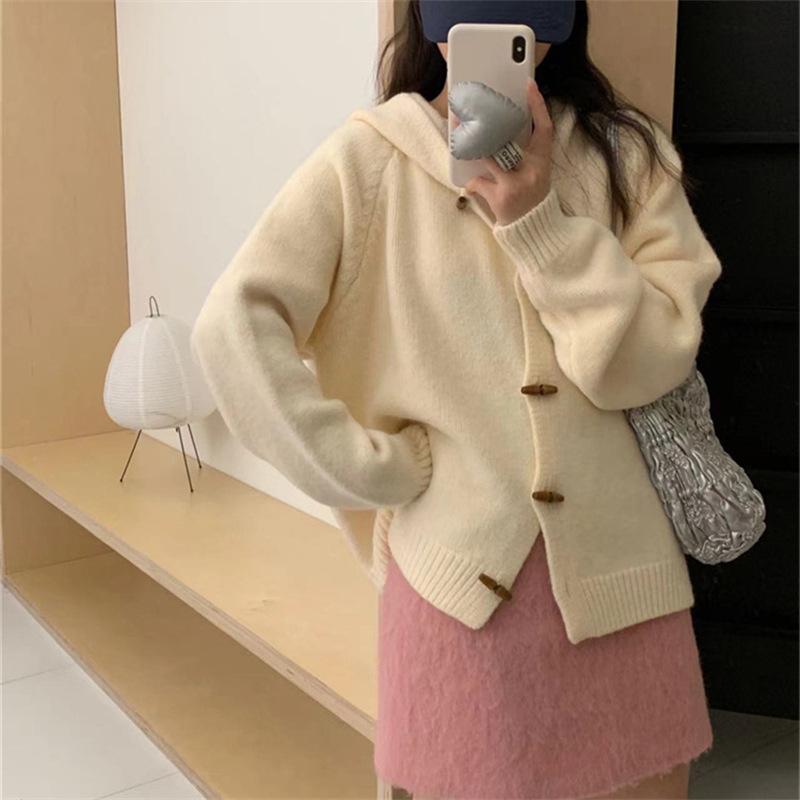 Korean lazy wind hooded horn button sweater cardigan women's new design soft waxy knitted autumn coat top