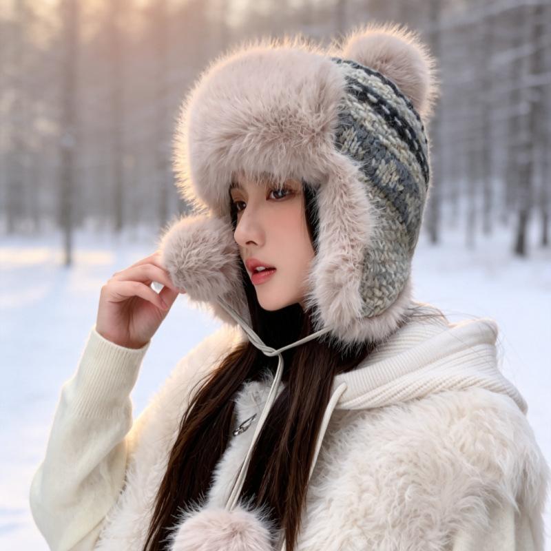 New winter women's warm ear cap thickened pom-pom Lei Feng hat outdoor cold-proof ski cap manufacturer