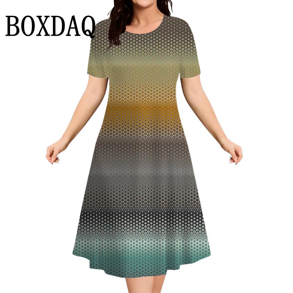 

2026 New Women Dresses Summer Fashion Striped Gradient 3D Print Dress Casual O-Neck Short Sleeve Loose Plus Size Dress S