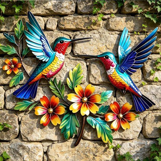 Hummingbird Bloom Metal Wall Art, Rustic Colorful Floral Bird Wall Hanging Decor for Living Room, Bedroom, Entryway, Garden, Patio